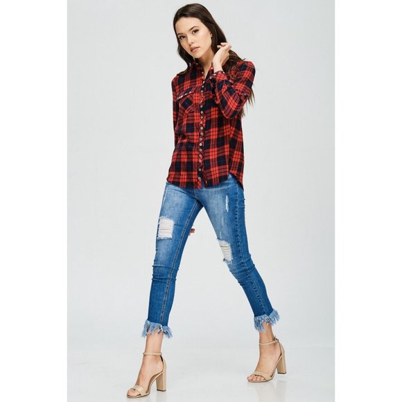 Women's Casual Plaid Shirts With Unique Metal Snap Button Super Cute & Comfy - Picture 3 of 10